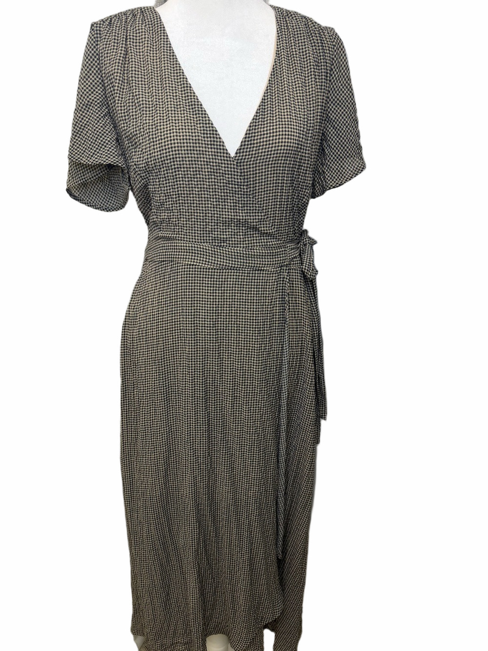 NWT Mod Ref Blaire Gingham Wrap Dress Brown Cream Large